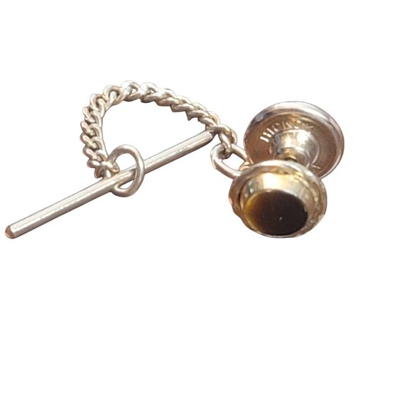 Vintage Hickok Round Tigers Eye Tie Tack With Chain and Bar Gold Tone - Picture 2 of 8